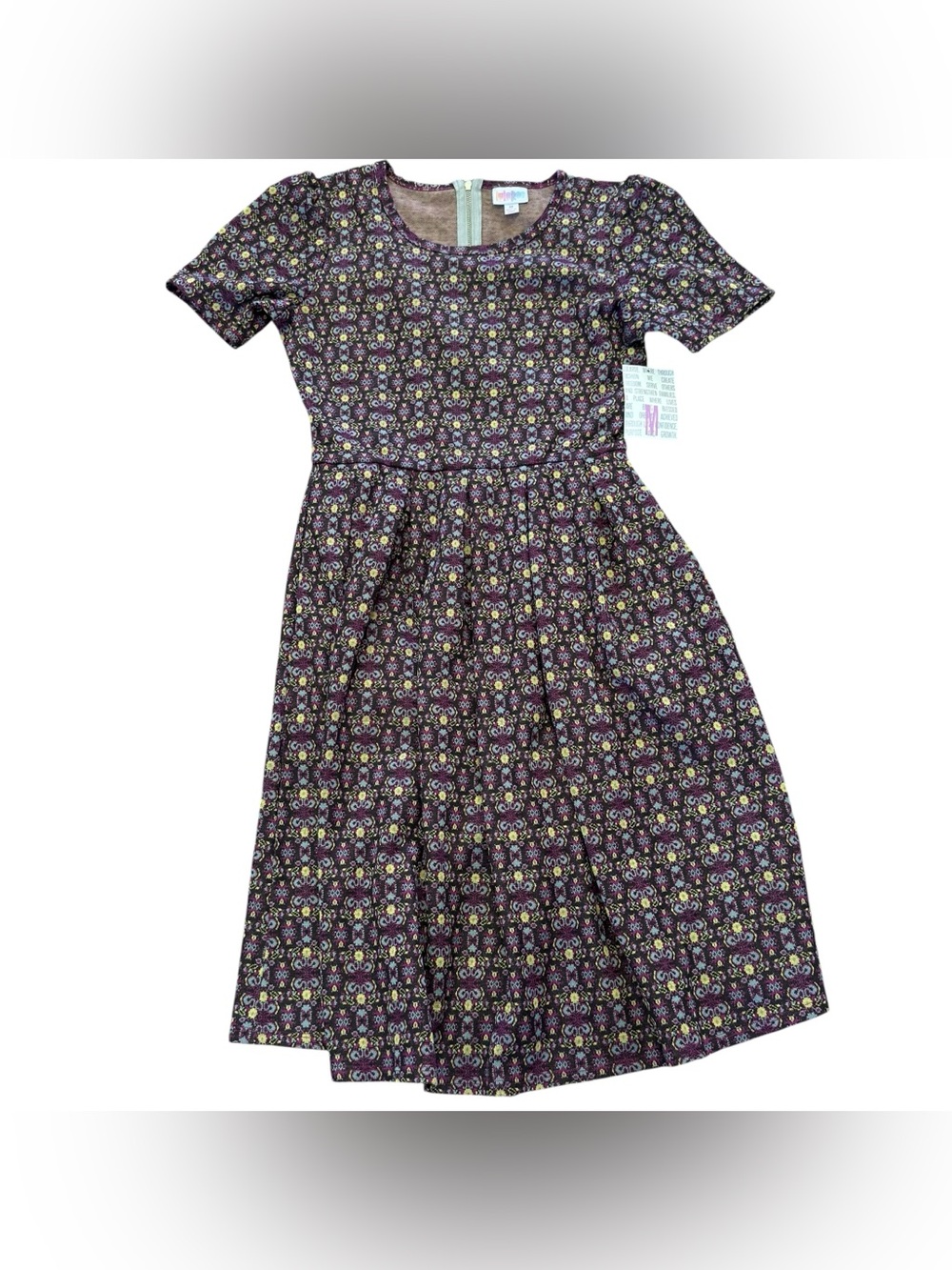 LuLaRoe AMELIA Dress Black Purple Floral Pockets Textured Knit Medium